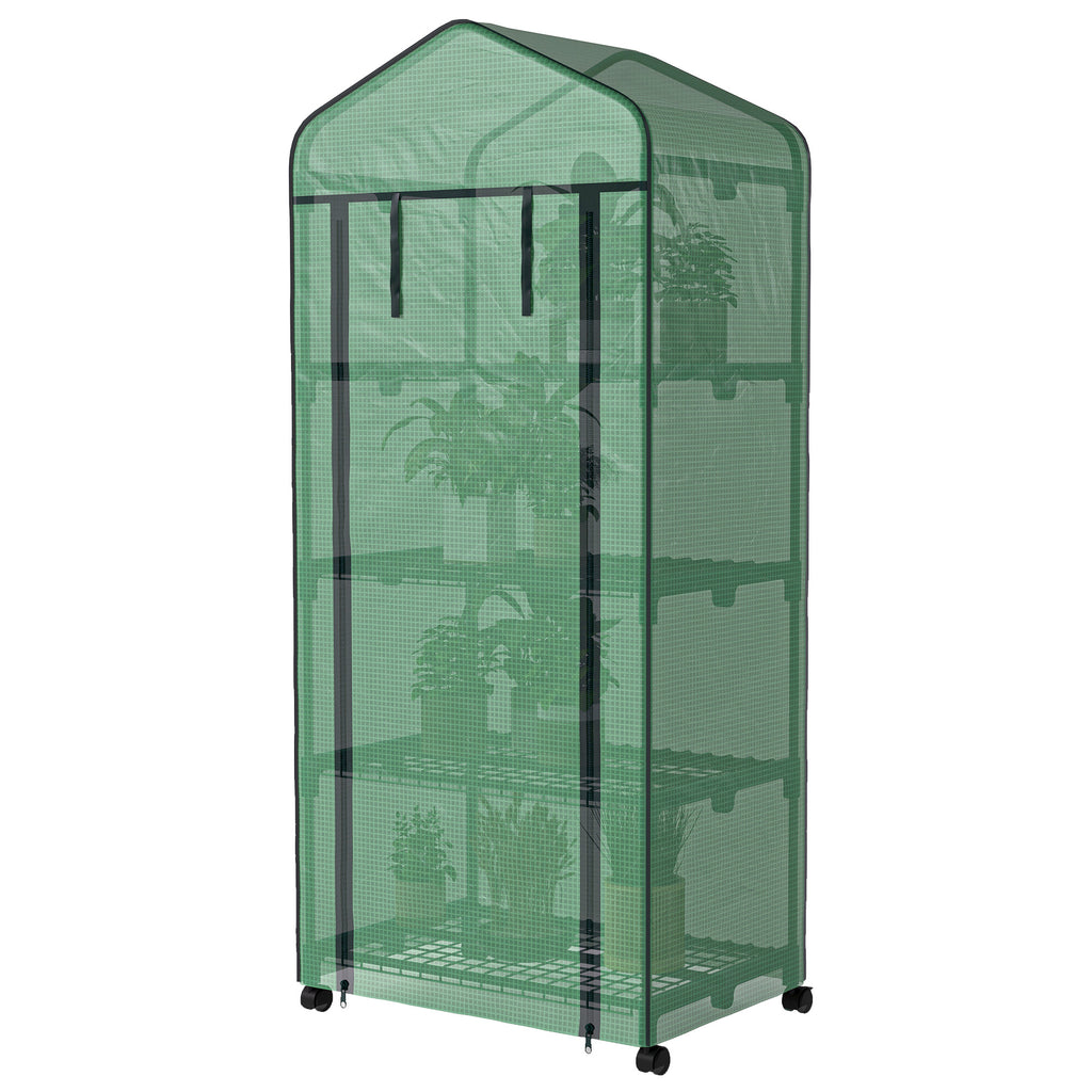 4 Tier Mini Portable Greenhouse Compact Plant Grow Shed Metal Frame PE Cover with Lockable Rolling Wheels , Green