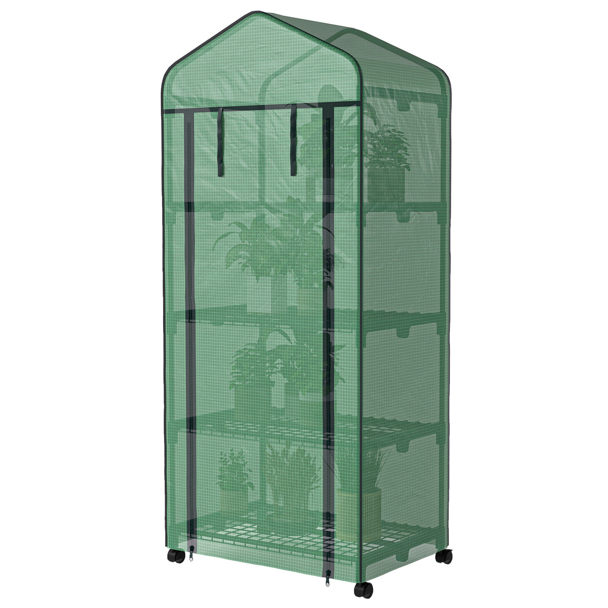 4 Tier Mini Portable Greenhouse Compact Plant Grow Shed Metal Frame PE Cover with Lockable Rolling Wheels , Green
