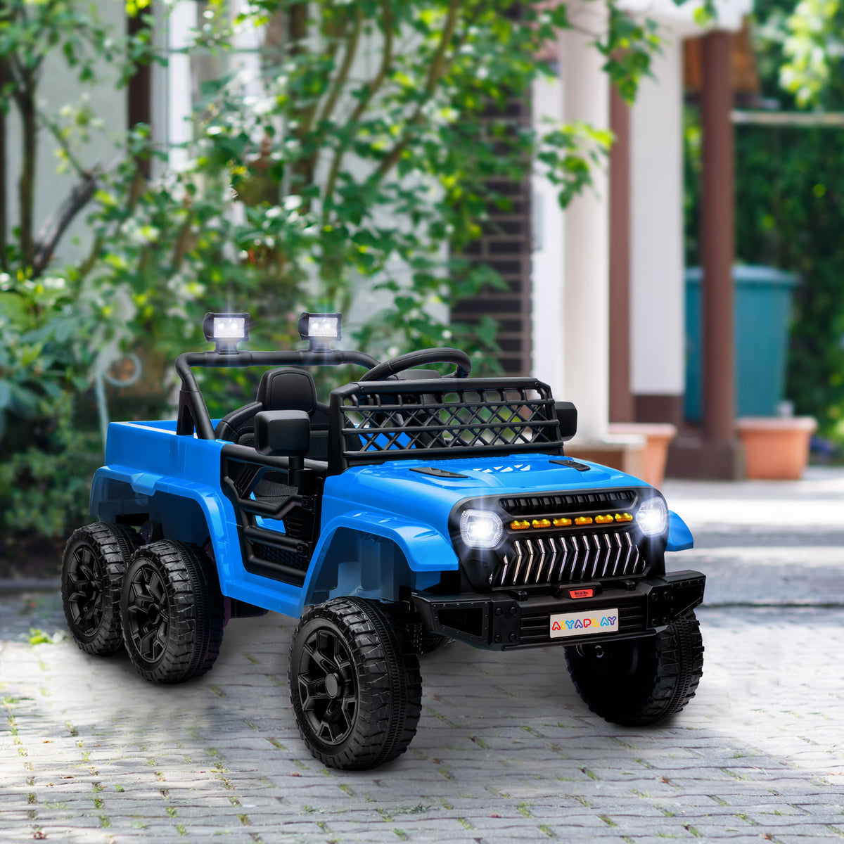 12V Elektrisches Kinderauto, mit Anh?nger, LED-Lichtern, Musik und Hupe, f¨¹r Kinder im Alter von 3-8 Jahren, Hellblau