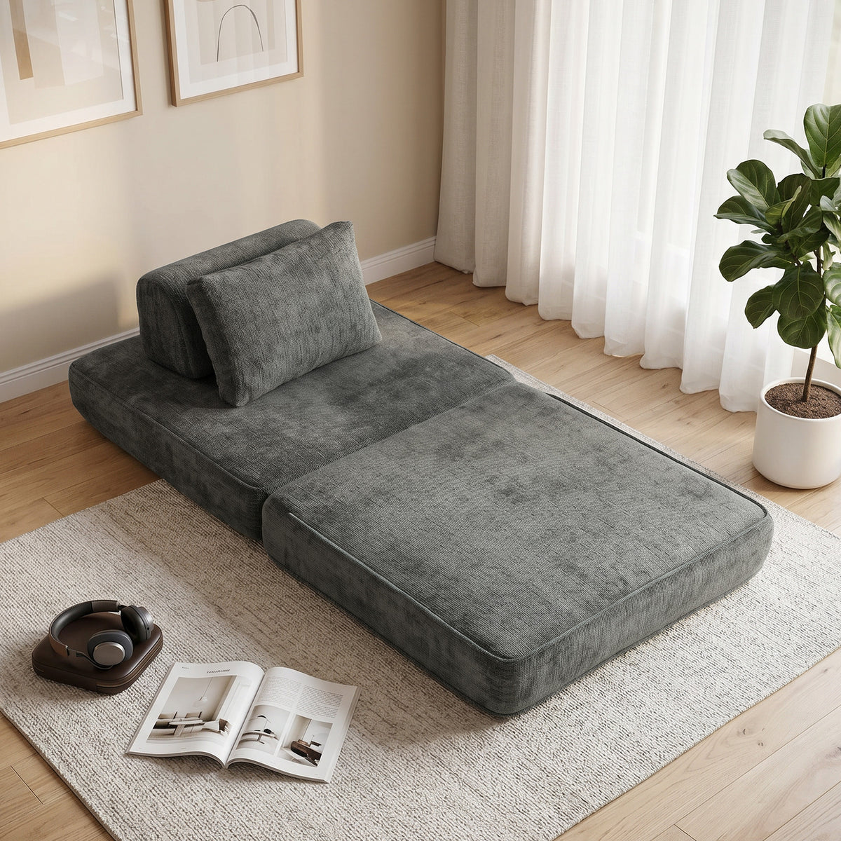 2-in-1 Boneless Cloud Schlafsessel, Klappbares Chenille-Bodensessel mit Dickem Stützkissen, Grau