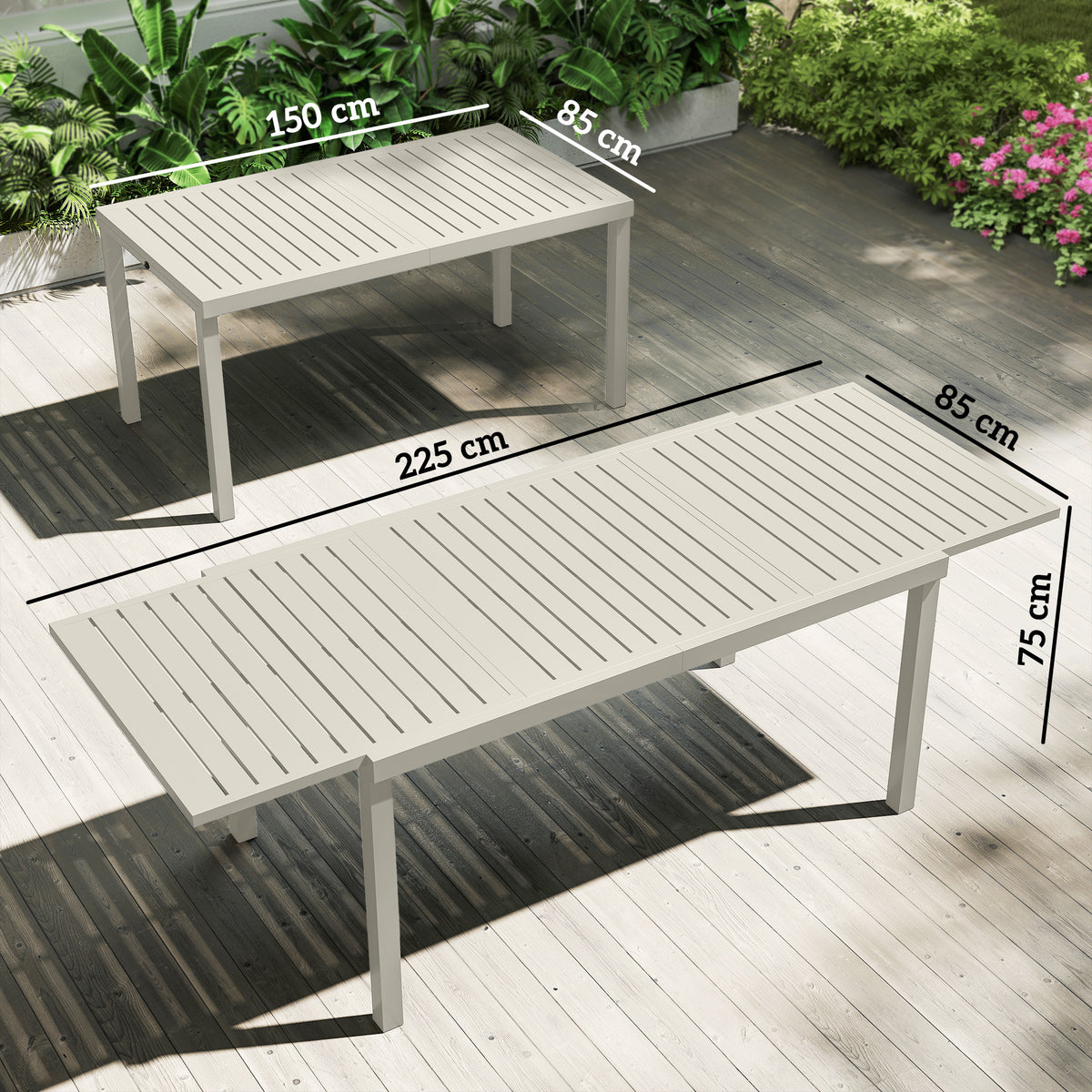 Gartentisch Ausziehbarer 150/225 x 85 cm Aluminium Esstisch für 6-8 Personen, Rechteckig Lamellenoptik