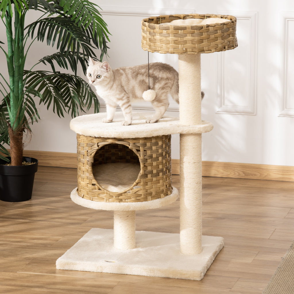  Kratzbaum 95 cm Katzenturm mit Höhle, Spielball, Sisalstämme, große Plattform, mehrstöckiger Katzenkratzbaum, Kletterbaum, für Katzen unter 5 kg, Natur+Beige