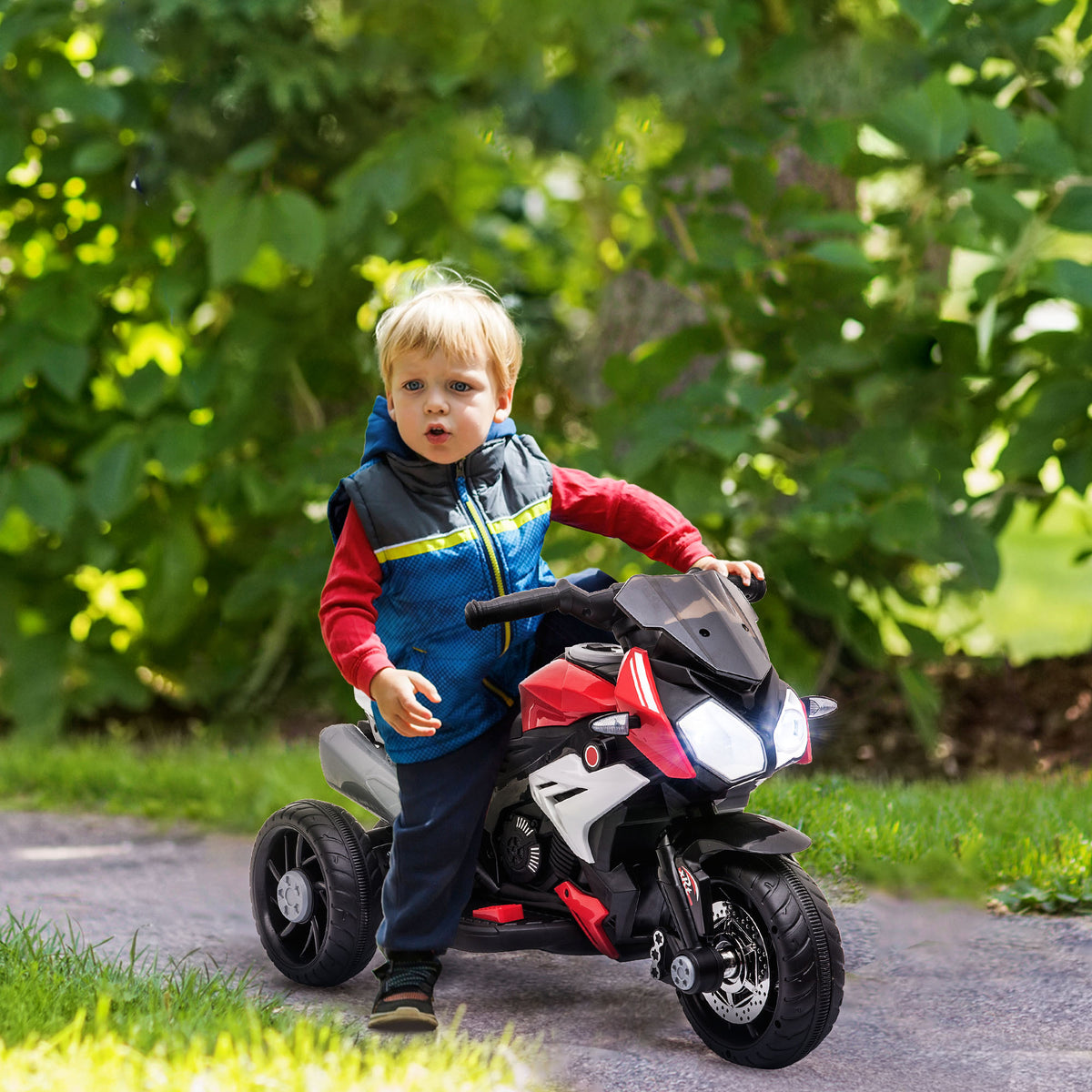 Elektro-Kindermotorrad, Lichter & Geräusche, 3 km/h, wiederaufladbar, Kunststoff & Metall, Schwarz/Rot