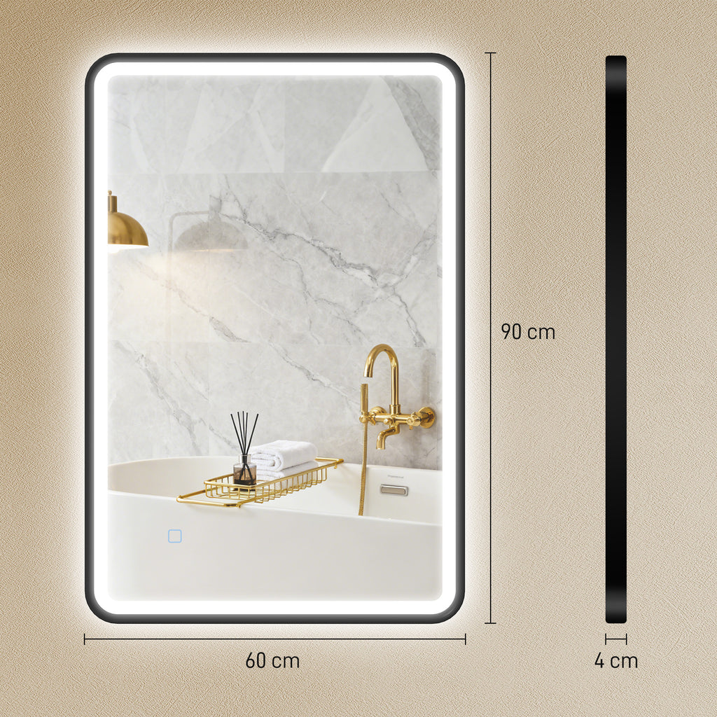 90 x 60 cm LED-Badezimmerspiegel, Lichter, 3 Farben, dimmbar, Memory-Funktion, horizontal und vertikal, Schwarz