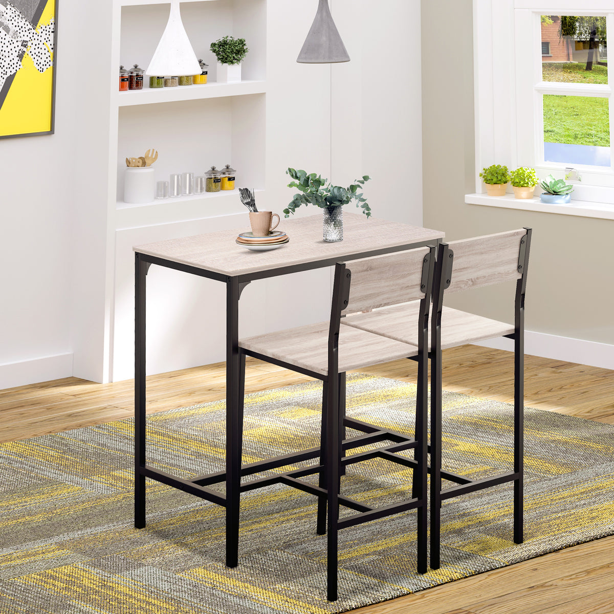 3-Piece Bar Table Set with 2 Stools, Industrial Breakfast Bar Set with Footrest, Backrest for Dining Room, Small Space