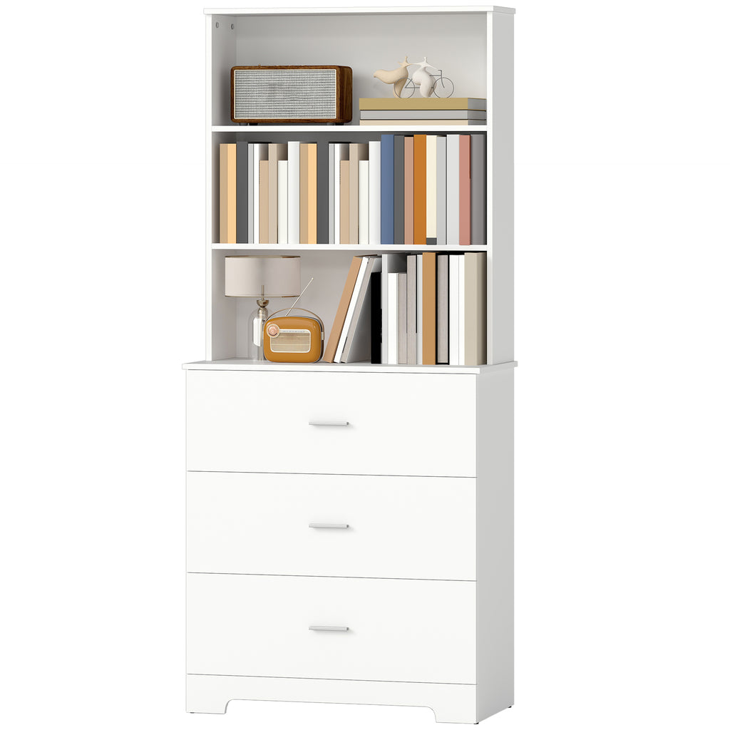 B¨¹cherschrank Hochschrank Vitrinenschrank mit 3 Schubladen, 3 offen Regalen, f¨¹r Wohnzimmer K¨¹che, 79x39,5x180 cm, Wei?
