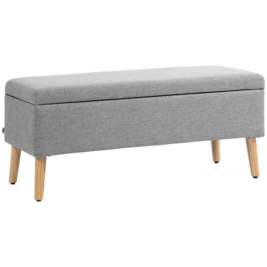 Polsterbank mit Stauraum, Bezug in Leinenoptik, Kautschukholzbeine, bis 220 kg, 110x39x45cm, Grau