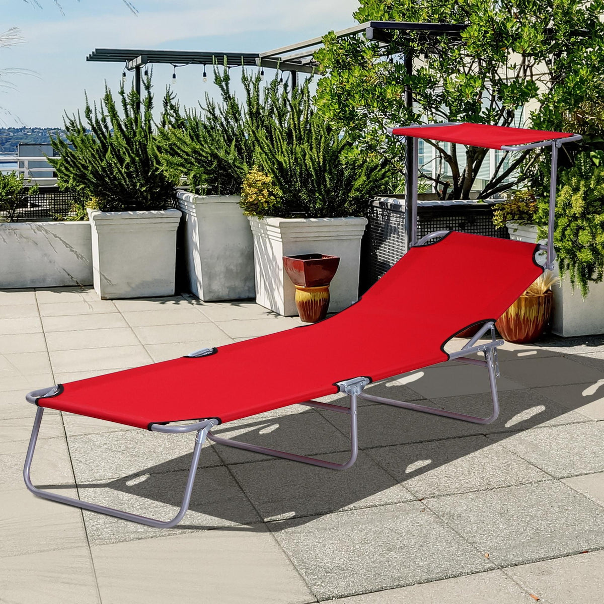 Folding Sun Lounger, Lounge Chairs Reclining Sleeping Bed with Adjustable Sun Shade Awning for Beach, Patio