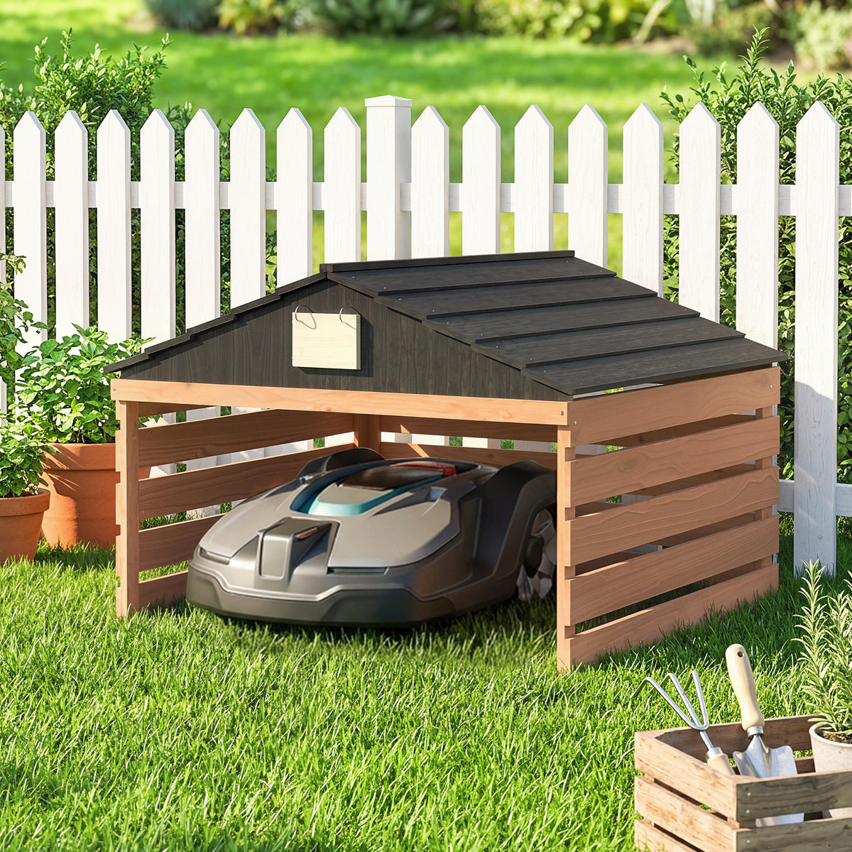 Mähroboter Garage Holz Überdachung mit Satteldach wetterfest Garage für Rasenmäher Unterstand 79 x 74 x 54 cm Rotbraun