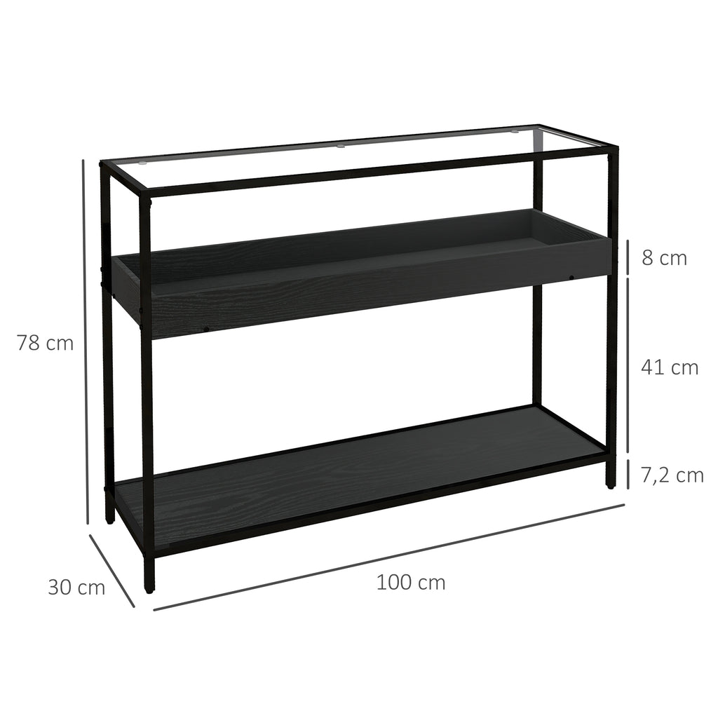 Konsolentisch mit 2 Regalen, Flurtisch, Flurkonsole, Schwarz