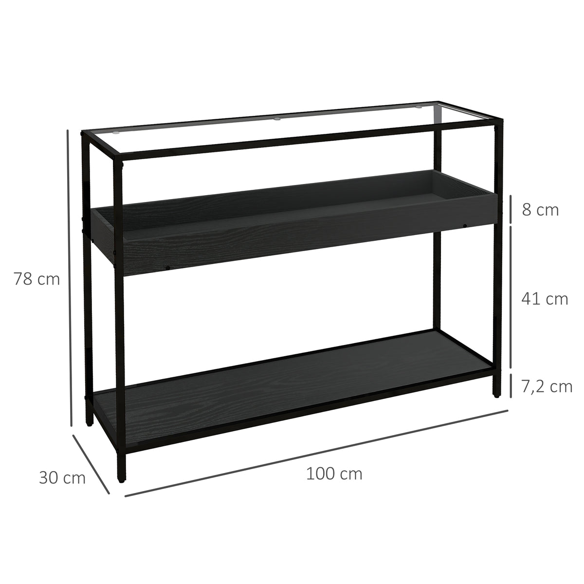 Konsolentisch mit 2 Regalen, Flurtisch, Flurkonsole, Schwarz
