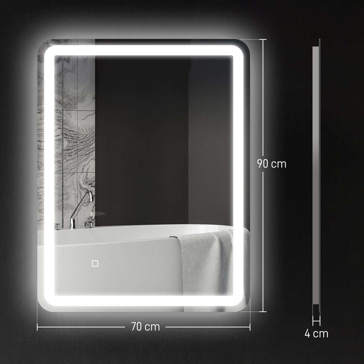 Badezimmerspiegel, beleuchtet, Touch-Steuerung, beschlagfrei, dimmbar, 3 Lichtfarben, 70x90, Silber