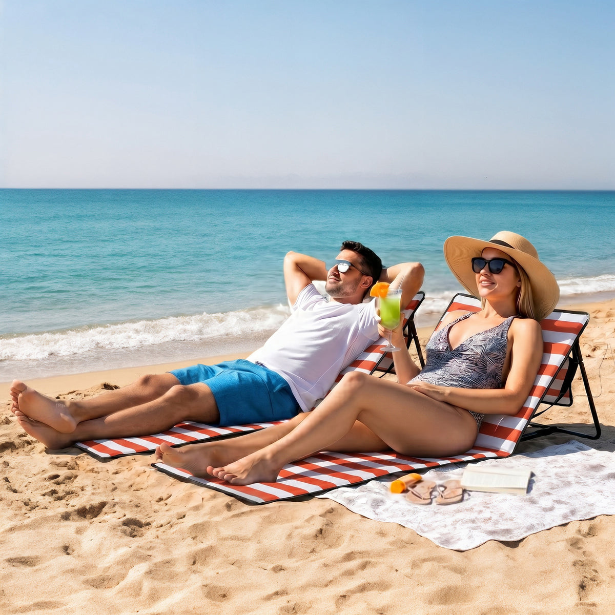 Set of 2 Foldable Garden Beach Chair Mat, Outdoor Sun Lounger Seats with Adjustable Back, Magazine Pocket, Carry Strap