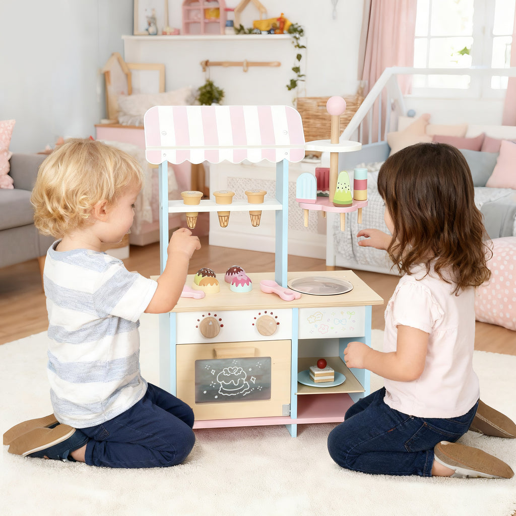 Eiswagen für Kinder Eisdiele Kinder 17 Stück Eis Kinderküche mit 17 Zubehörteile, Ofen, MDF, Hellblau