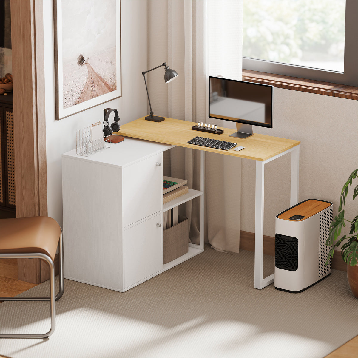 Schreibtisch L-f?rmig, 360¡ã drehbarer Eckschreibtisch mit 2 Lagerschr?nken, 2 offenen Regalen, Computertisch f¨¹r kleine R?ume, Arbeitszimmer, Wohnzimmer, 150x40x75 cm, Wei?