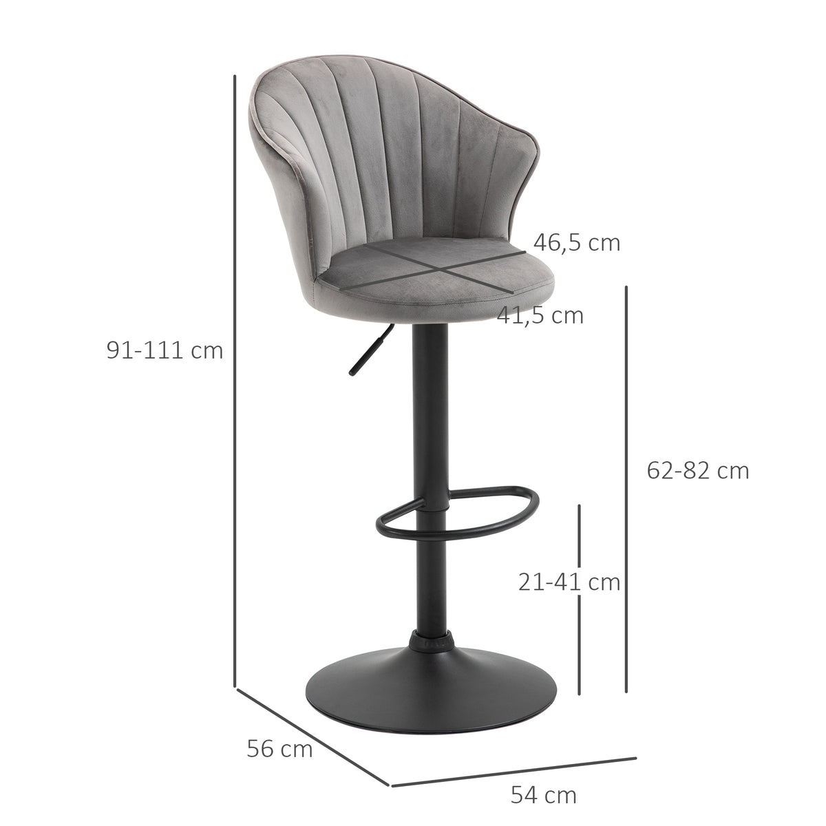 2er-Set Barhocker drehbare Barstühle mit Lehne Samt Touch Bistrohocker höhenverstellbarer Tresenhocker armloser Schaumstoff Grau 54 x 56 x 91-111 cm