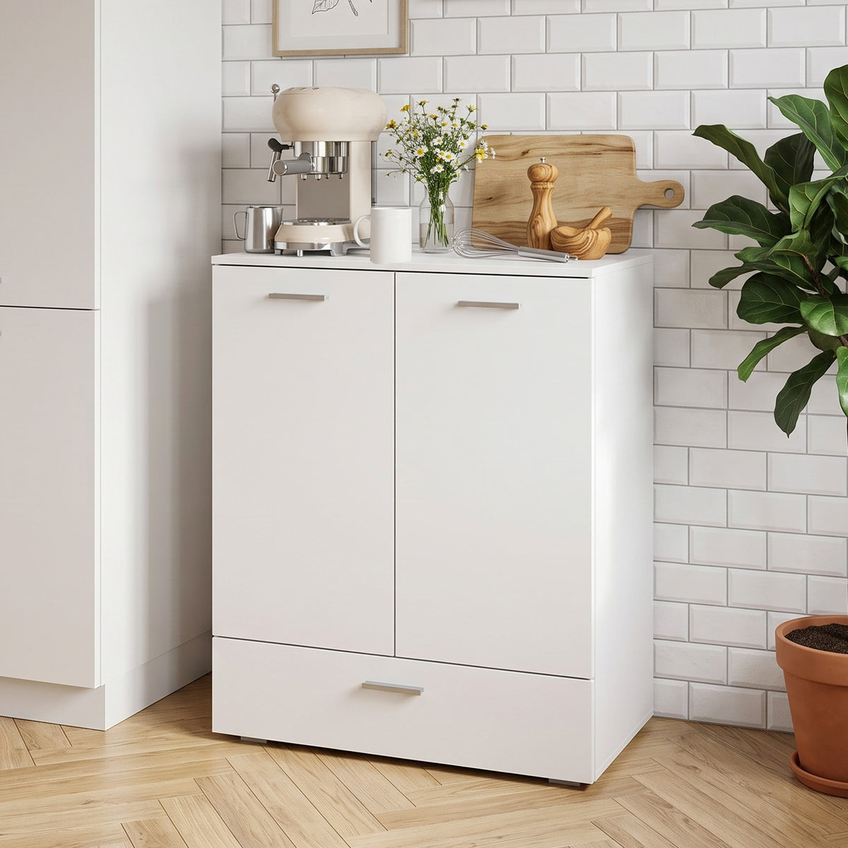 Modernes Sideboard, freistehender Aufbewahrungsschrank mit Schublade und verstellbarem Einlegeboden, Weiß