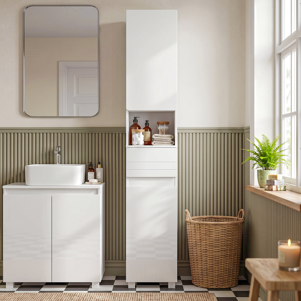 Badezimmerschrank Schmaler Badschrank mit verstellbaren Einlegeböden, 30 x 30 x 170 cm, Weiß