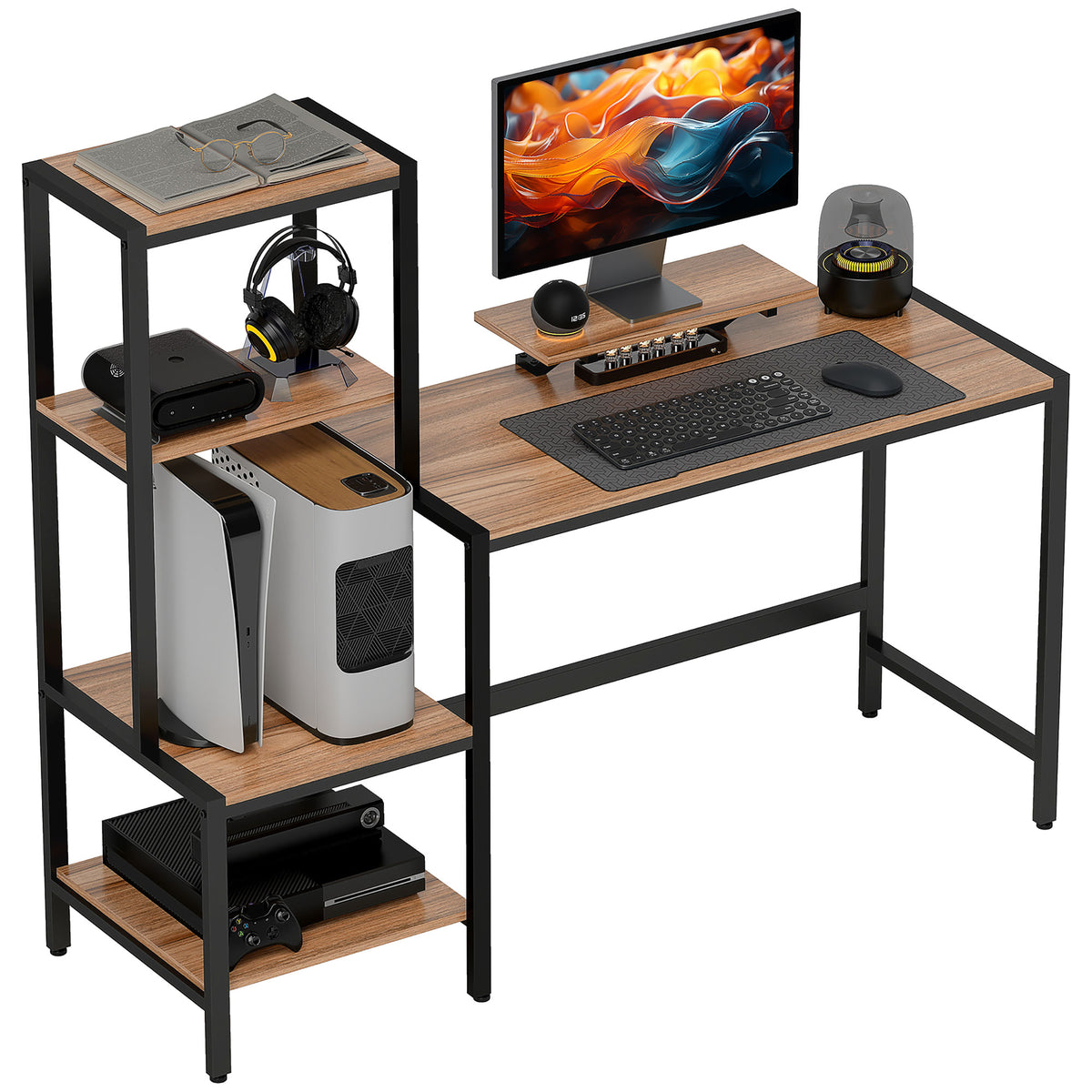 Computer Desk with Monitor Stand, Desk with 4-Tier Shelf, Industrial Design, Brown