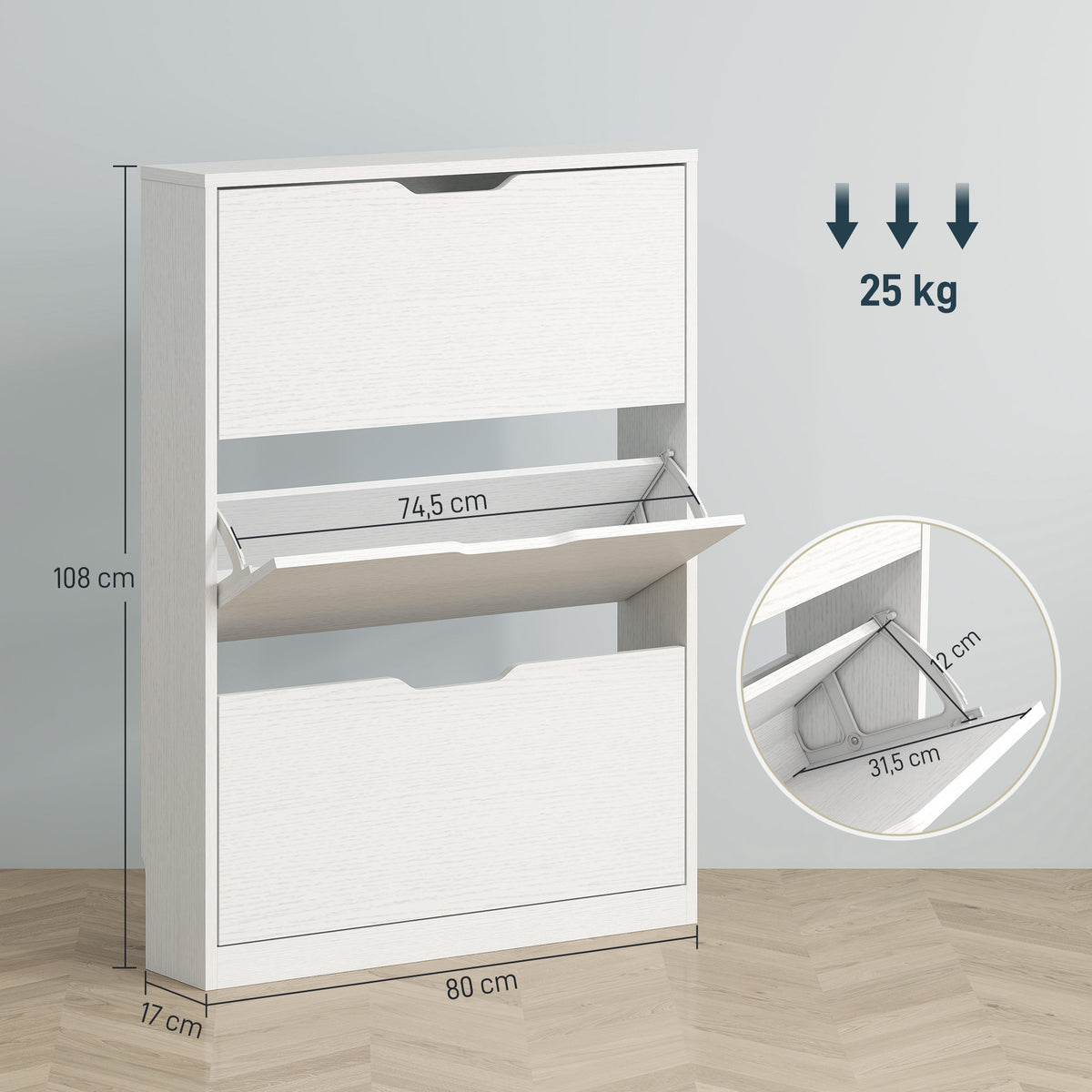 Schuhschrank mit 3 Klappschubladen, f¨¹r bis zu 12 Paar Schuhe, Spanplatte, 80 x 17 x 108 cm, Wei?