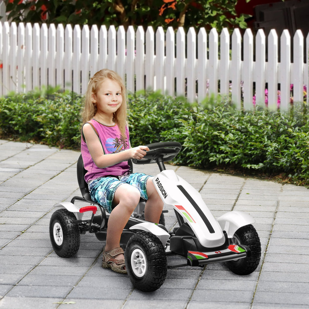 Gokart Tretauto mit Handbremse, verstellbarem Sitz, Vor- und Rückwärtsgang, bis 50kg für Kinder 5-12 Jahren Weiß