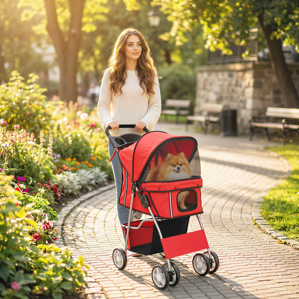 Dog Pram, Pet Stroller with Reflective Strips, Foldable Cat Stroller with 360° Swivel Wheels, Red