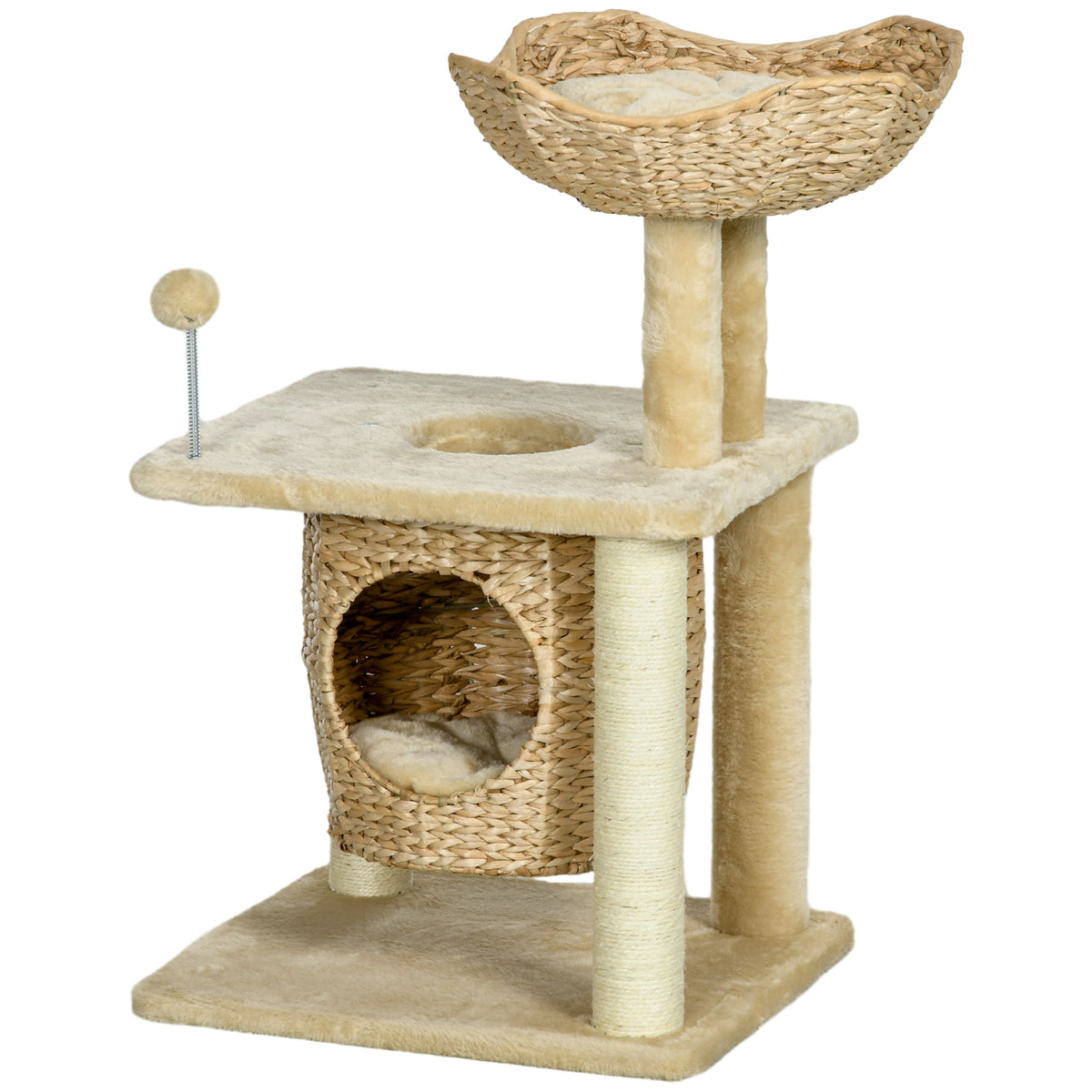 Kratzbaum mit Katzenhöhle, Liegeplattform, Spielball, 45x40x74cm, Beige