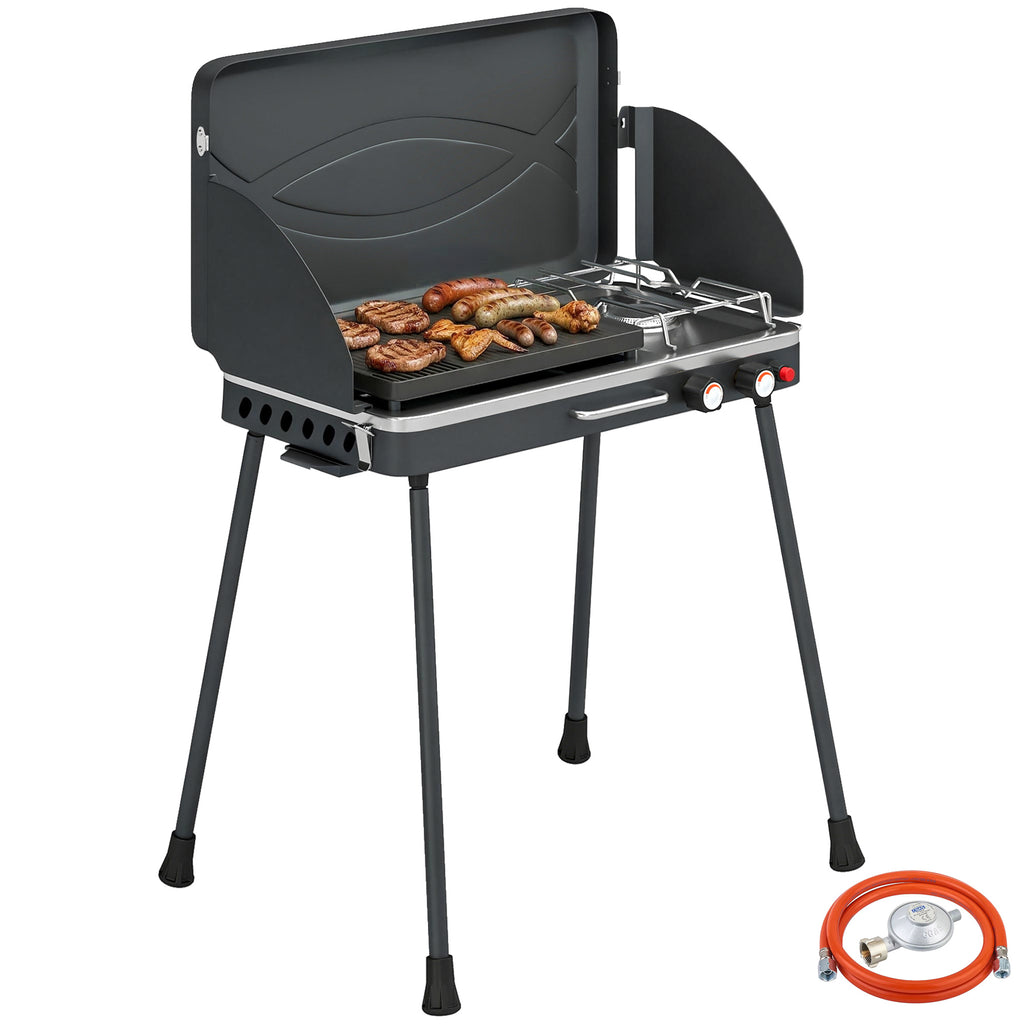 Tragbarer Gasgrill 2 Brenner 7 kW 2-in-1 Tischgrill mit Braten klappbar Beinen Grillrost Windschutz Deckel Verschluss