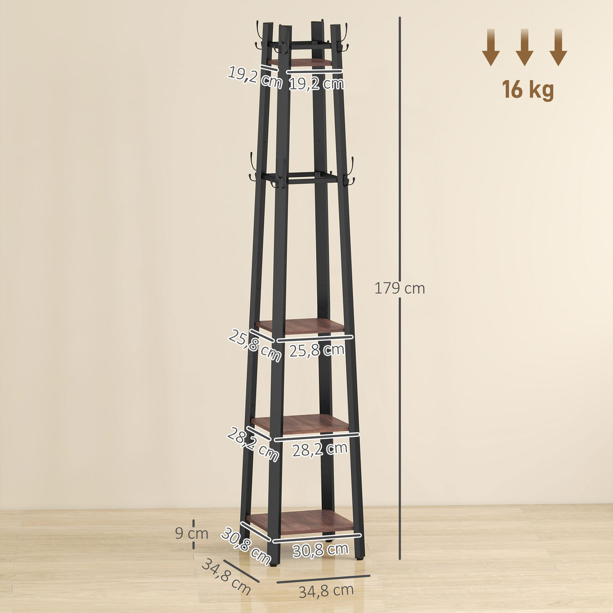 Garderobenst?nder mit 4 Ebenen, freistehender Kleiderst?nder, 8 Haken, 4 Regale, Industrie-Stil, Metall, Spanplatte, Braun