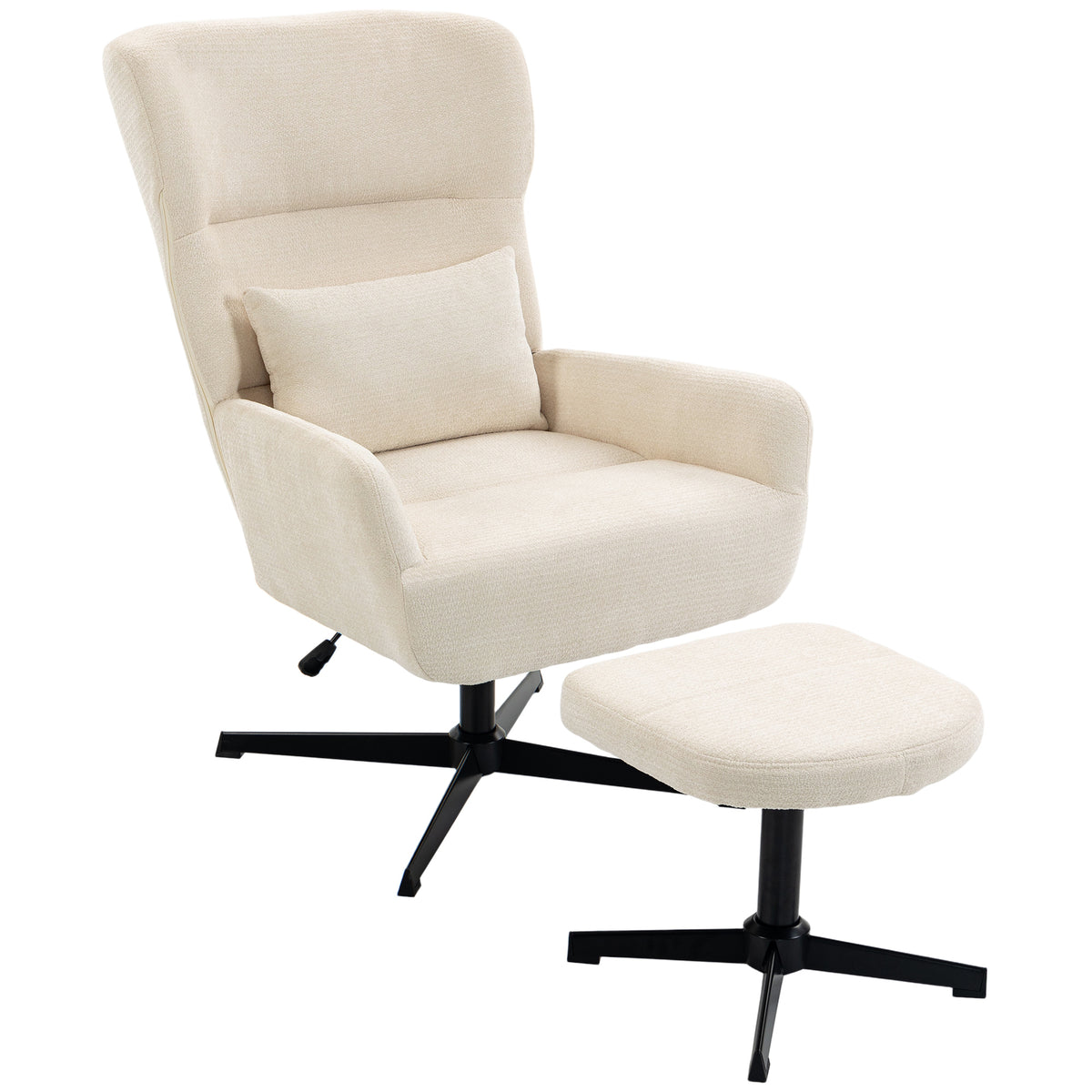 360° drehbarer Loungesessel mit Hocker, höhenverstellbar, Chenille-Bezug, mit Lendenkissen, Cremeweiß