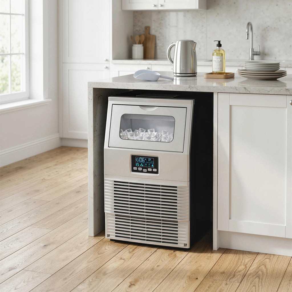 Kommerzielle Eisw¨¹rfelmaschine, LED-Beleuchtung, leicht lesbare Anzeigen, mit Schaufel, Silber