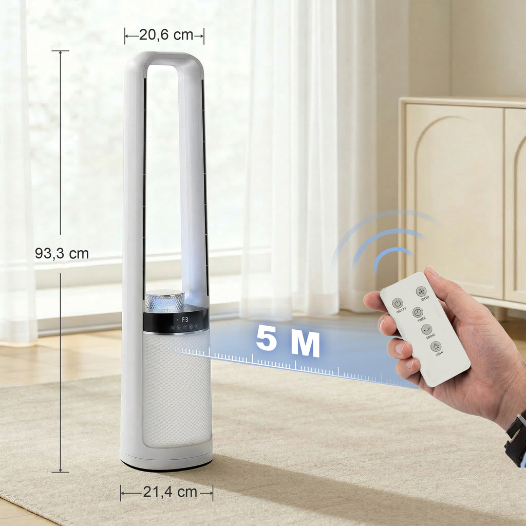 Turmventilator ohne Rotorblätter, mit 45° Oszillation, LED-Licht, 3 Geschwindigkeiten, 12-Std.-Timer, Fernbedienung