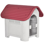 Hundehütte Outdoor, Hundehaus mit Dachluke Tor Unterschlupf, Wasserdichte Hundehöhle mit Luftzirkulation Hütte für kleine Hunde, draußen Rot+Hellgrau 59 x 75 x 66 cm