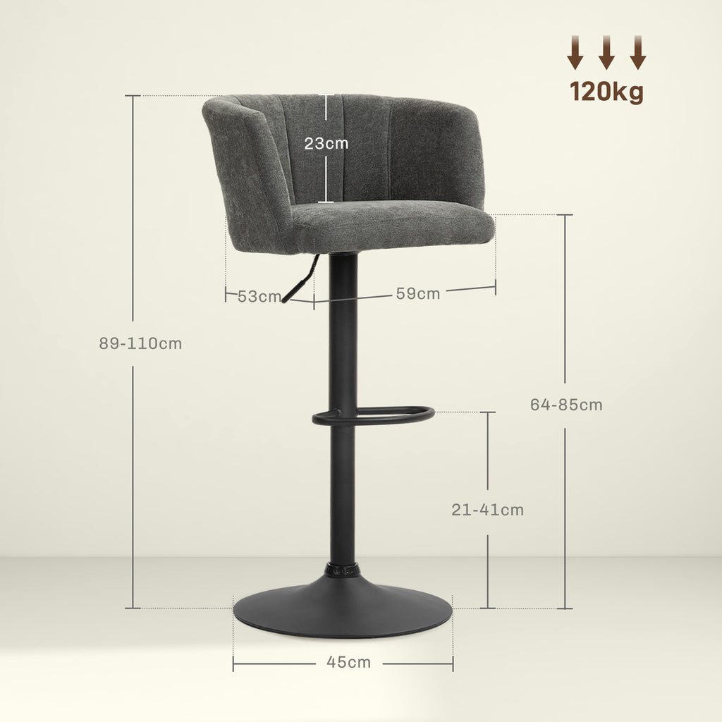 Barhocker 2er-Set, Schalenrücken, höhenverstellbar, Fußstütze, für Küche oder Esszimmer, Metallbasis, Dunkelgrau