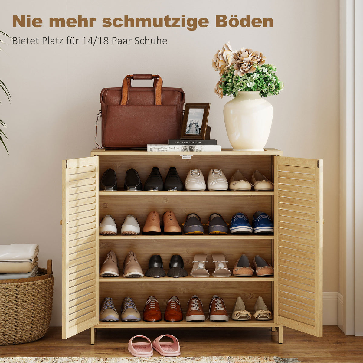 Bamboo Shoe Cabinet with Louvered Doors, 14 Pairs Shoe Storage Cabinet with Adjustable Shelves for Hallway, Natural