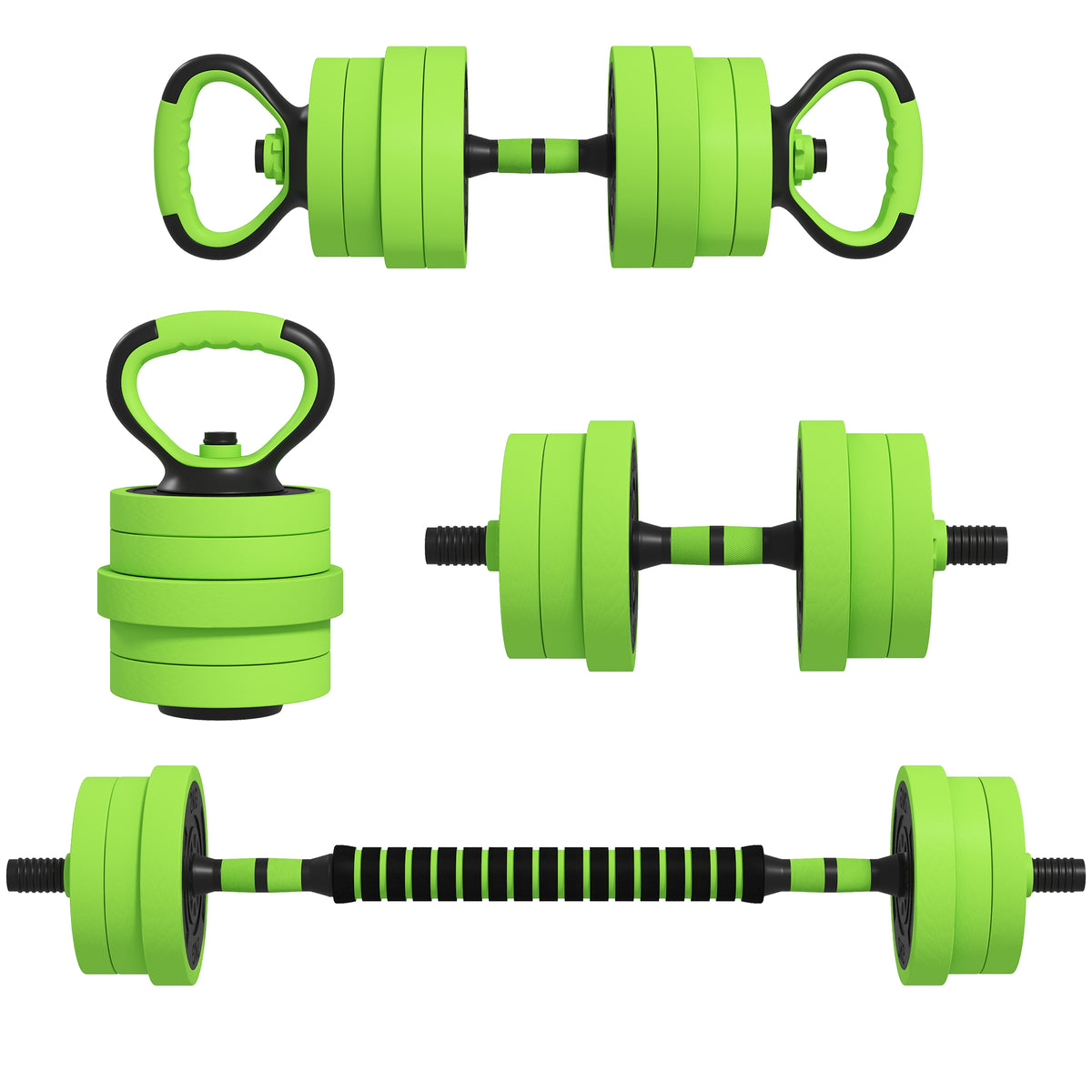 20kg 6-In-One Adjustable Weight Dumbbells Set, Barbell, Kettlebell, Push Up Stand - Green