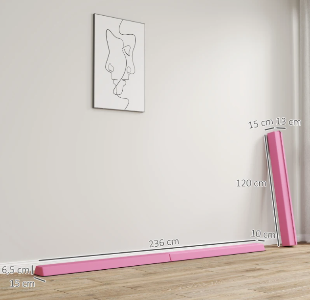 Schwebebalken 2,4 m, faltbar, rutschfester Boden, für 3+ Jahre, bis 80 kg, Hellrot