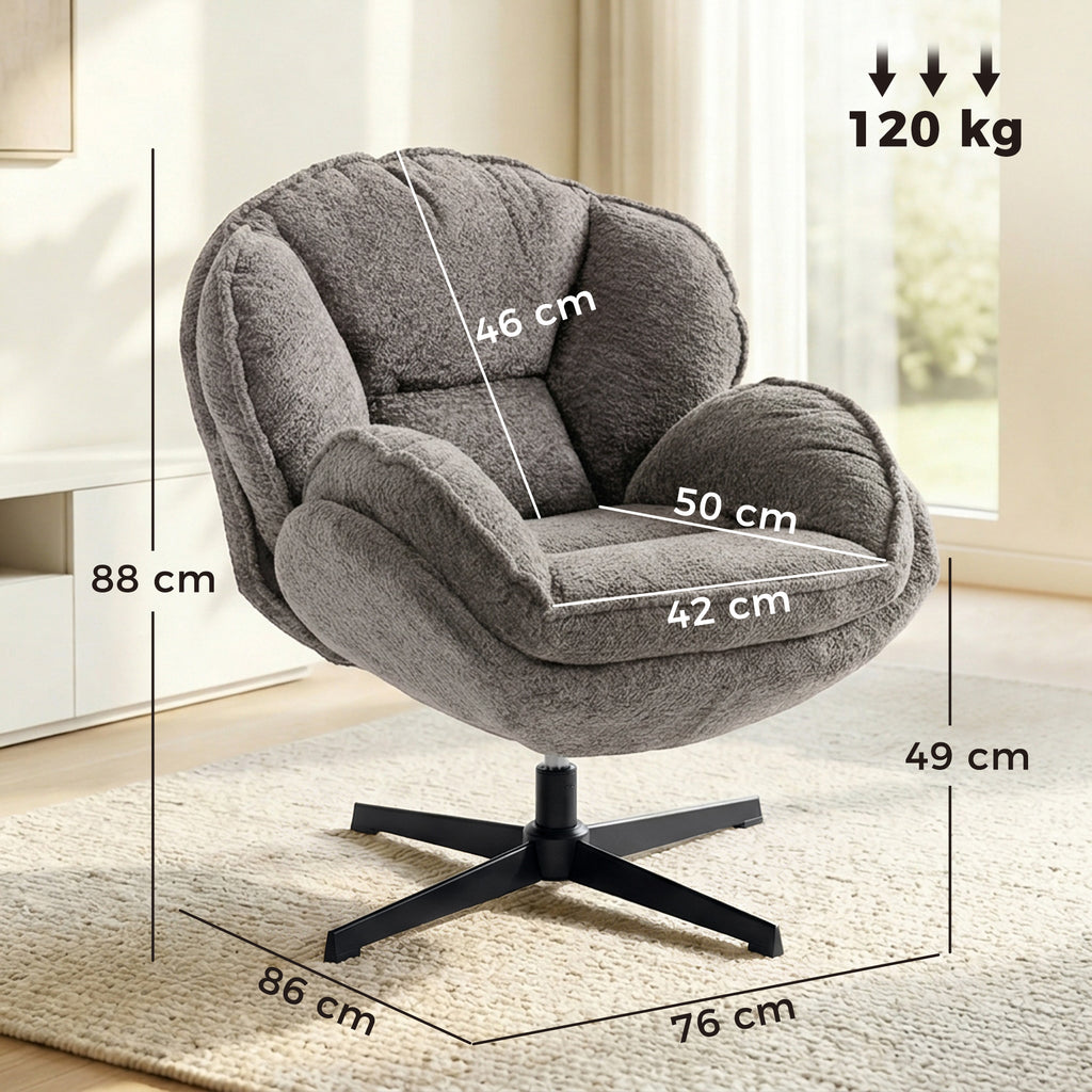 Moderner Wingback-Sessel, Samt-Armlehnsessel mit Vier-Sterne-Basis, S-Federn, 360° Drehfunktion, Grau