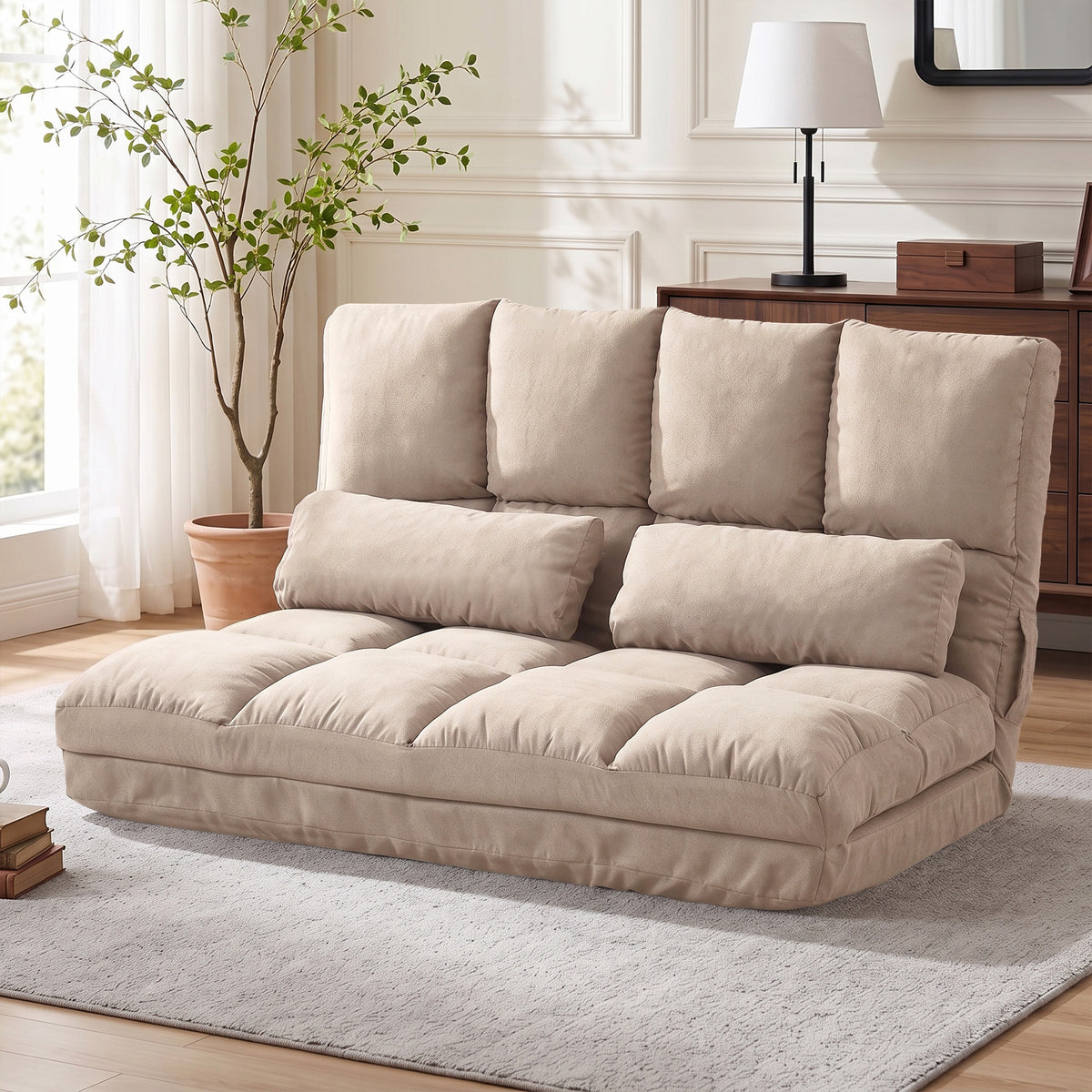 2-in-1 Bodensessel, R¨¹ckenlehne, Verstellbar, 102 x 73 x 60 cm, Beige
