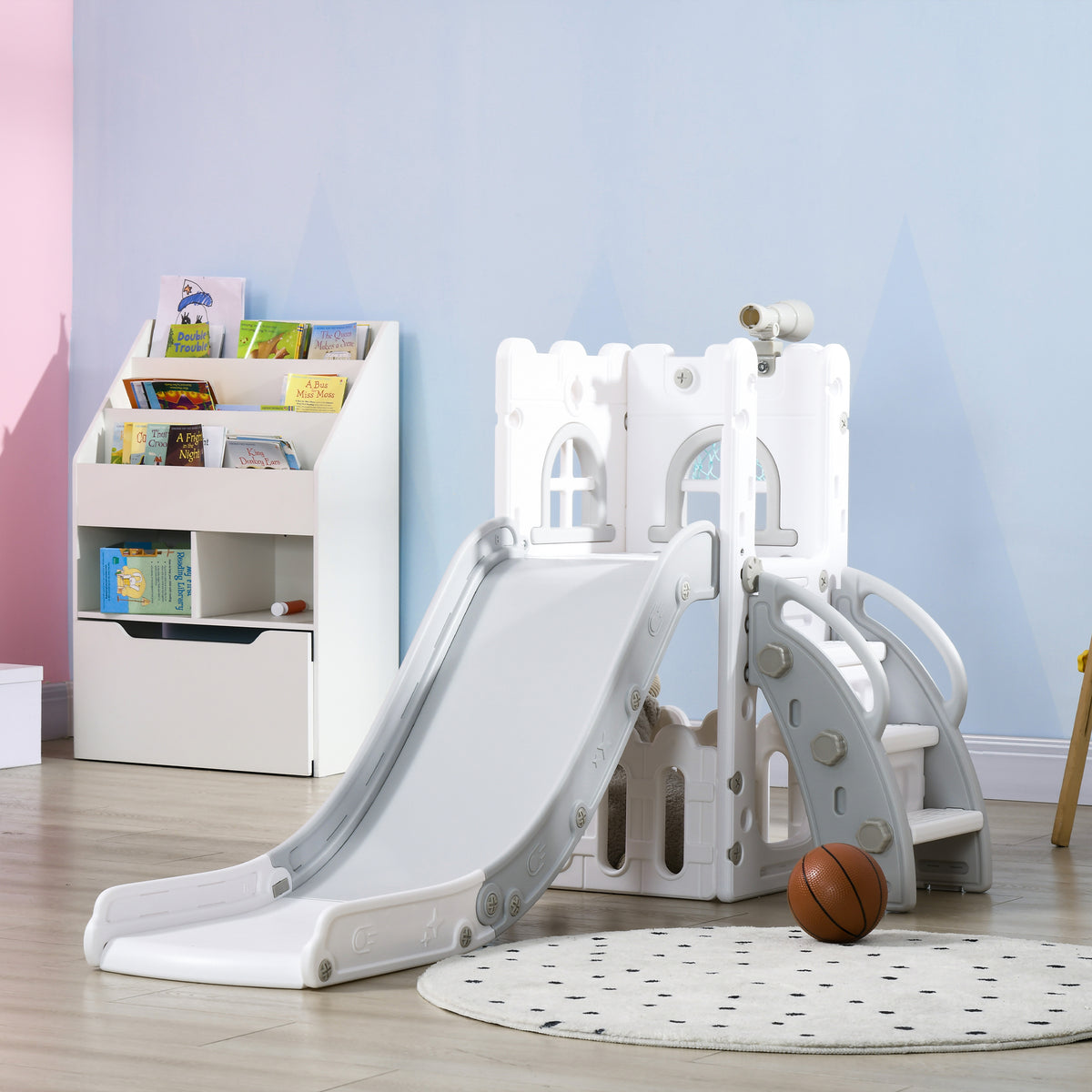 5 in 1 Toddler Slide with Basketball Hoop, Climber, Telescope, Storage Basket, for Ages 1-3 Years, Grey