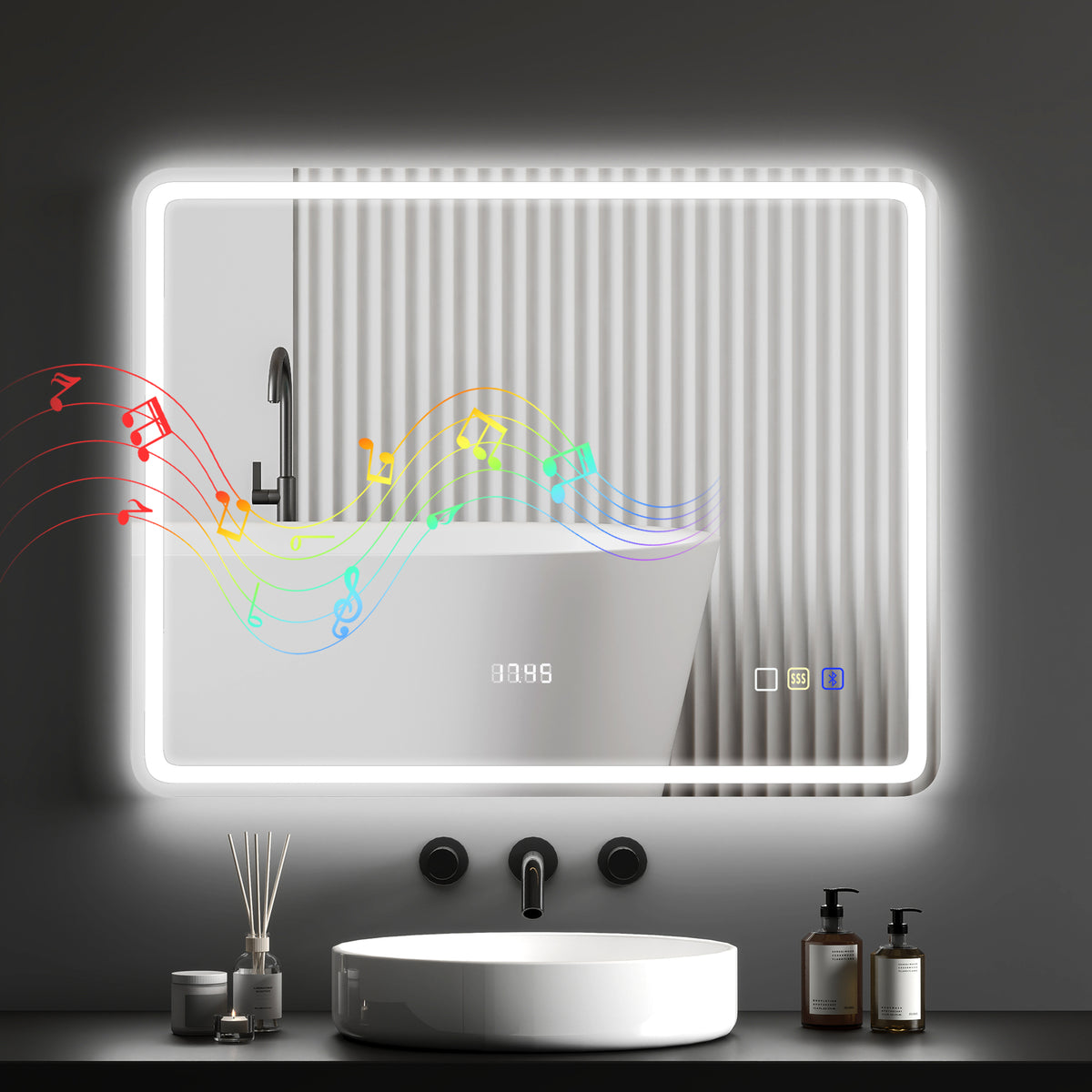 Badezimmerspiegel mit LED-Beleuchtung, Anti-Beschlags-Pad, 3 verstellbare Farben, Uhr, 700 x 900 mm, Silberfarben