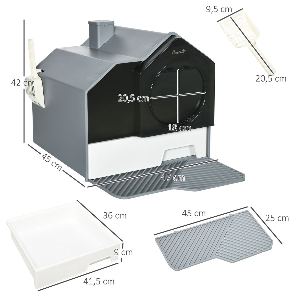 Katzentoilette im niedlichen Design, 1 Siebvorleger, 1 Streuschaufel, herausnehmbare Bodenwanne, Grau