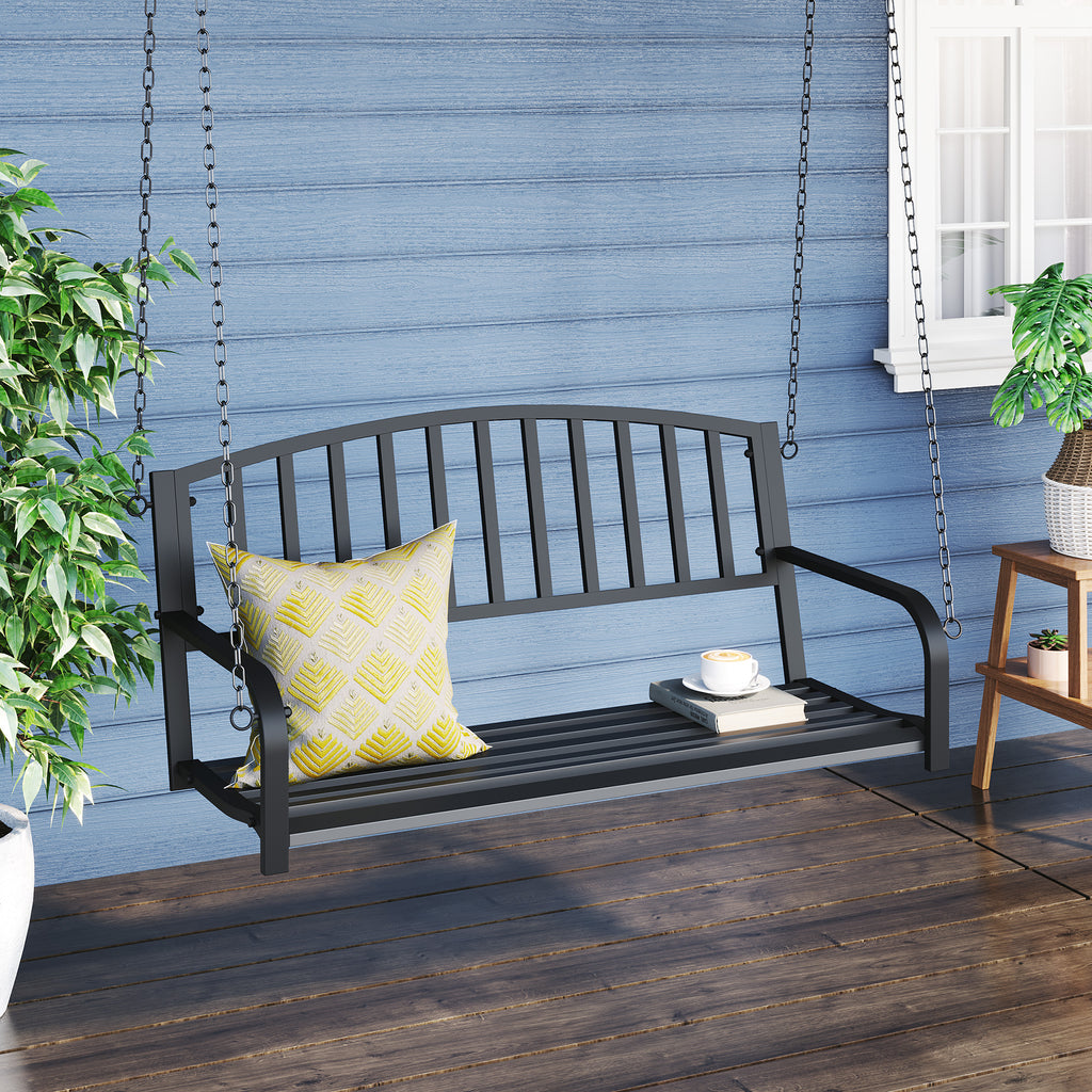  Garden Swing Chair Patio Metal 2 Seater Swing Bench Porch Balcony Bench Loveseat Minimalist Style - Black