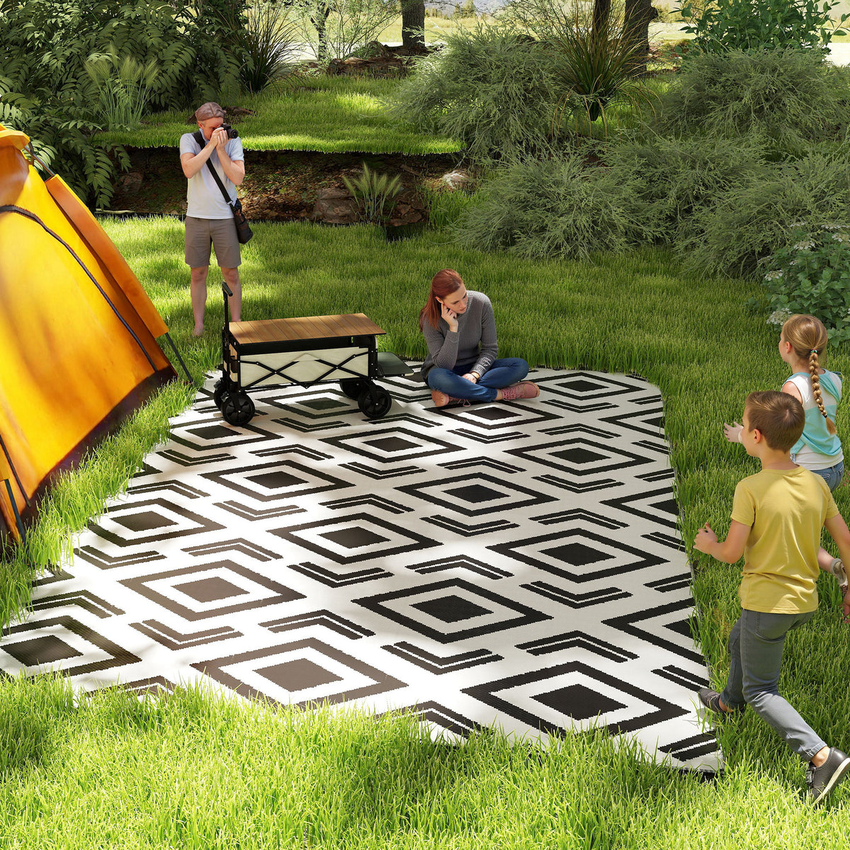 Outdoor Teppich robuster Wetterfest Outdoorteppich mit Tragtasche, faltbar Carpet Boho-Style 182 x 274 cm Schwarz+Wei?