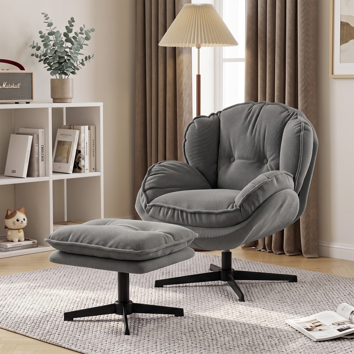 Relaxsessel mit Höhenverstellbaren Hocker, für Wohnzimmer, Grau