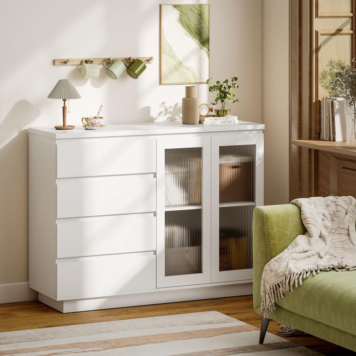 Buffetschrank, Sideboard mit 4 Schubladen, 2 Glast¨¹ren, modernes Design, MDF, Wei?