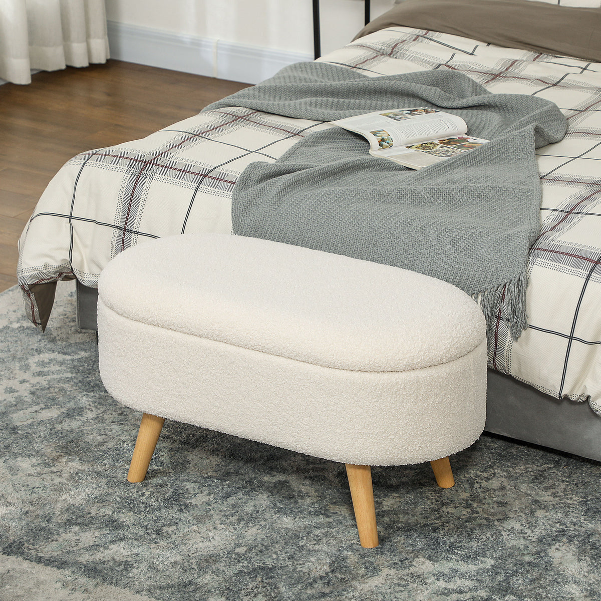 Sitzbank mit Stauraum und Deckel, Fu?hocker f¨¹r Flur, Wohnzimmer, Schlafzimmer, Holz, Stoffbezug, Wei?