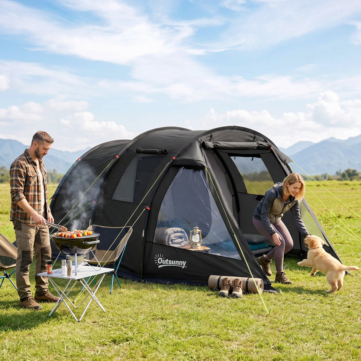 Campingzelt Trekkingzelt Zelt, wetterbeständig, 2 Räume, 475 x 264 cm Breite x 172, Schwarz