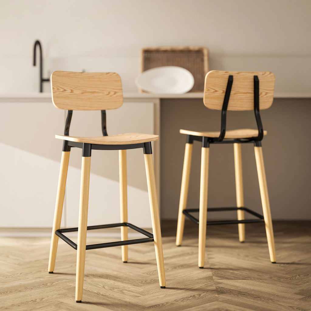2er-Set Barhocker mit Rückenlehne, Barstühle für Hausbar, Kücheninsel, Esszimmer, Holz, Metall, Hellbraun