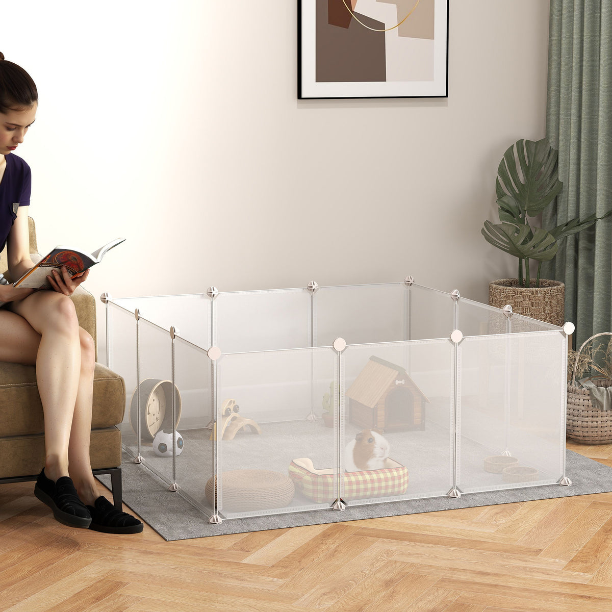 Pet Playpen DIY Small Animal Cage Open Enclosure Portable Plastic Fence 12 Panels for Hedgehog Guinea Pig White